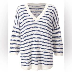 Cabi Peace Pullover Striped V-Neck Sweater - Blue and White-oversized